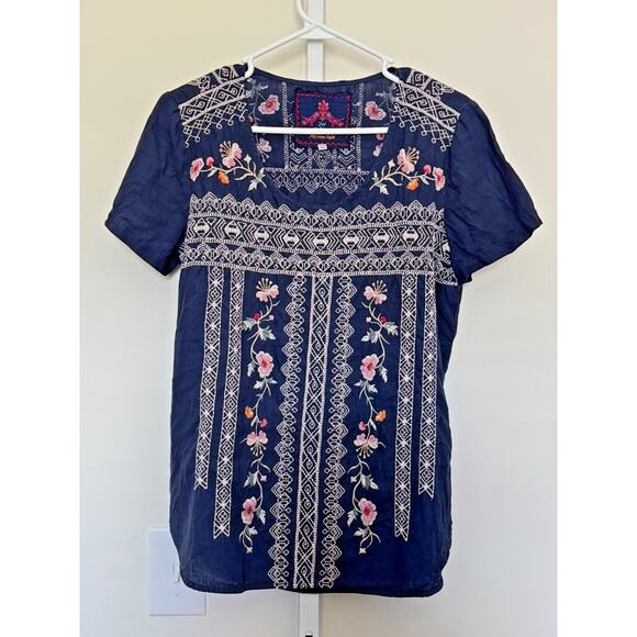 Johnny Was Embroidered Top Size XS Deep Plum Floral Embroidery Linen Blend Boho - Picture 1 of 8